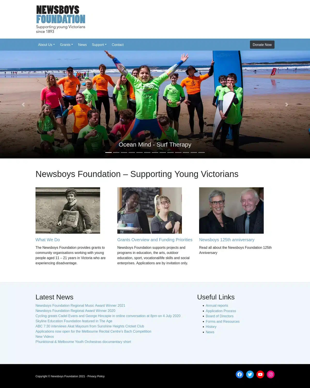 Full homepage screenshot of newsboysfoundation.org.au